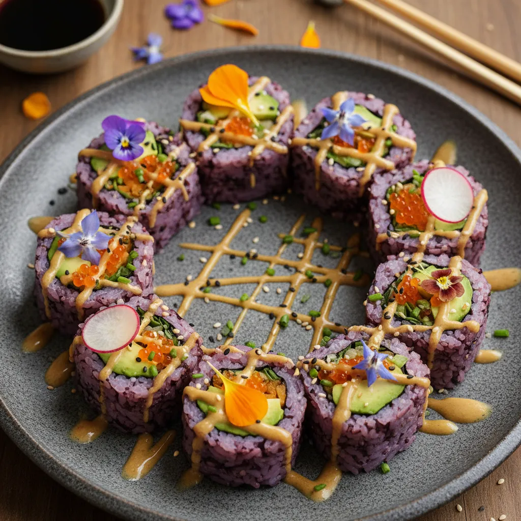 Savory Carrot and Edible Flower Sushi Rolls with Miso Drizzle