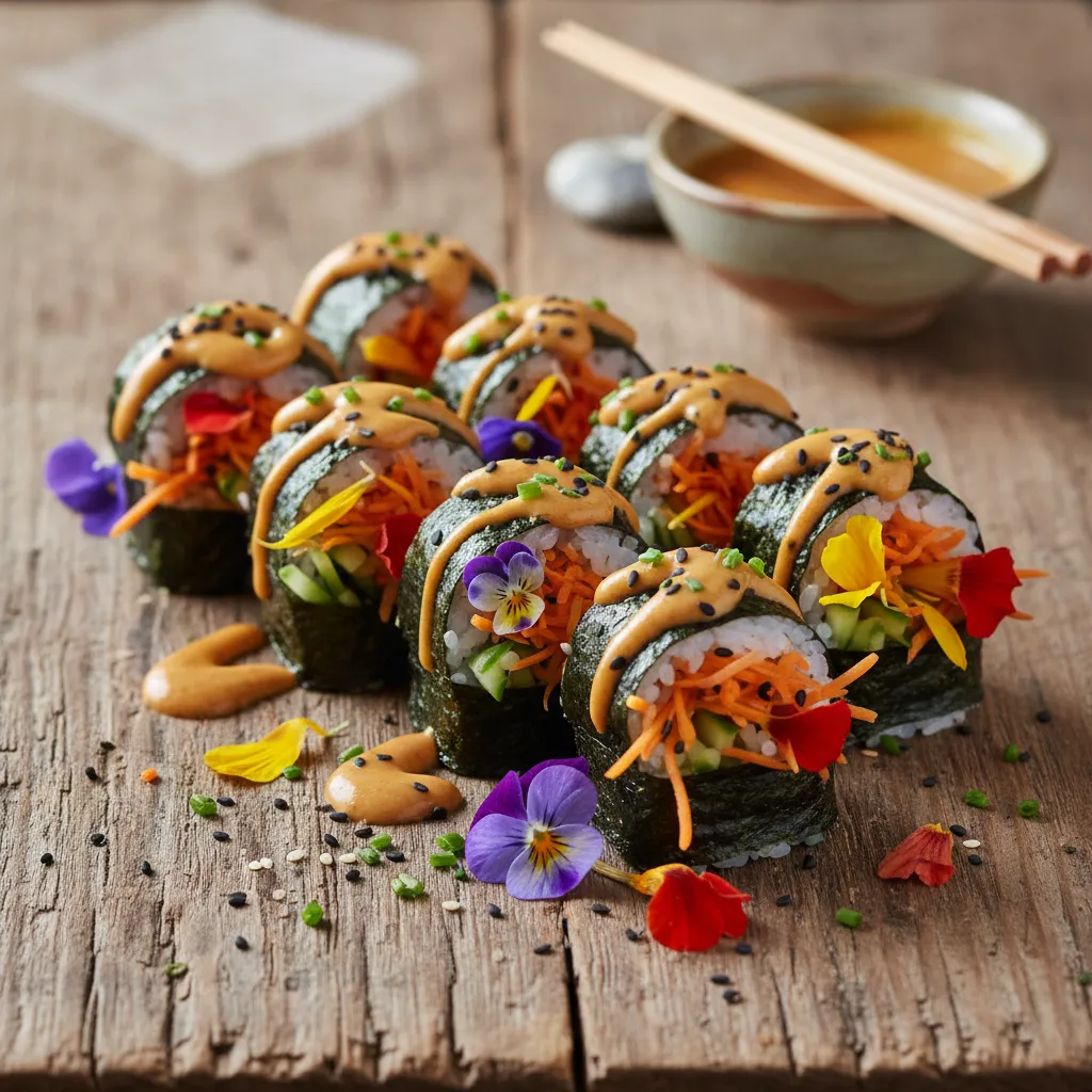Savory Carrot and Edible Flower Sushi Rolls with Miso Drizzle