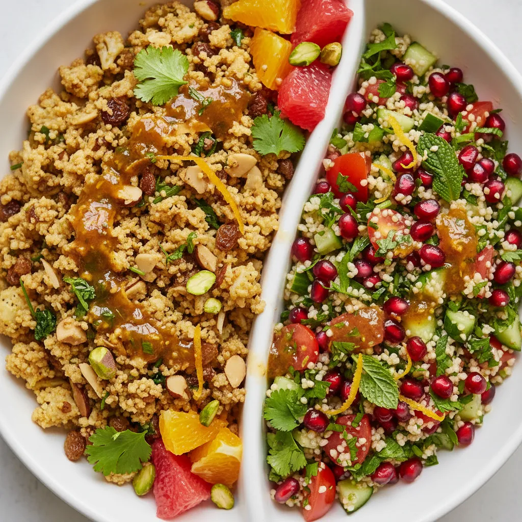 Savory Cauliflower Rice and Pomegranate Tabbouleh with Citrus Dressing