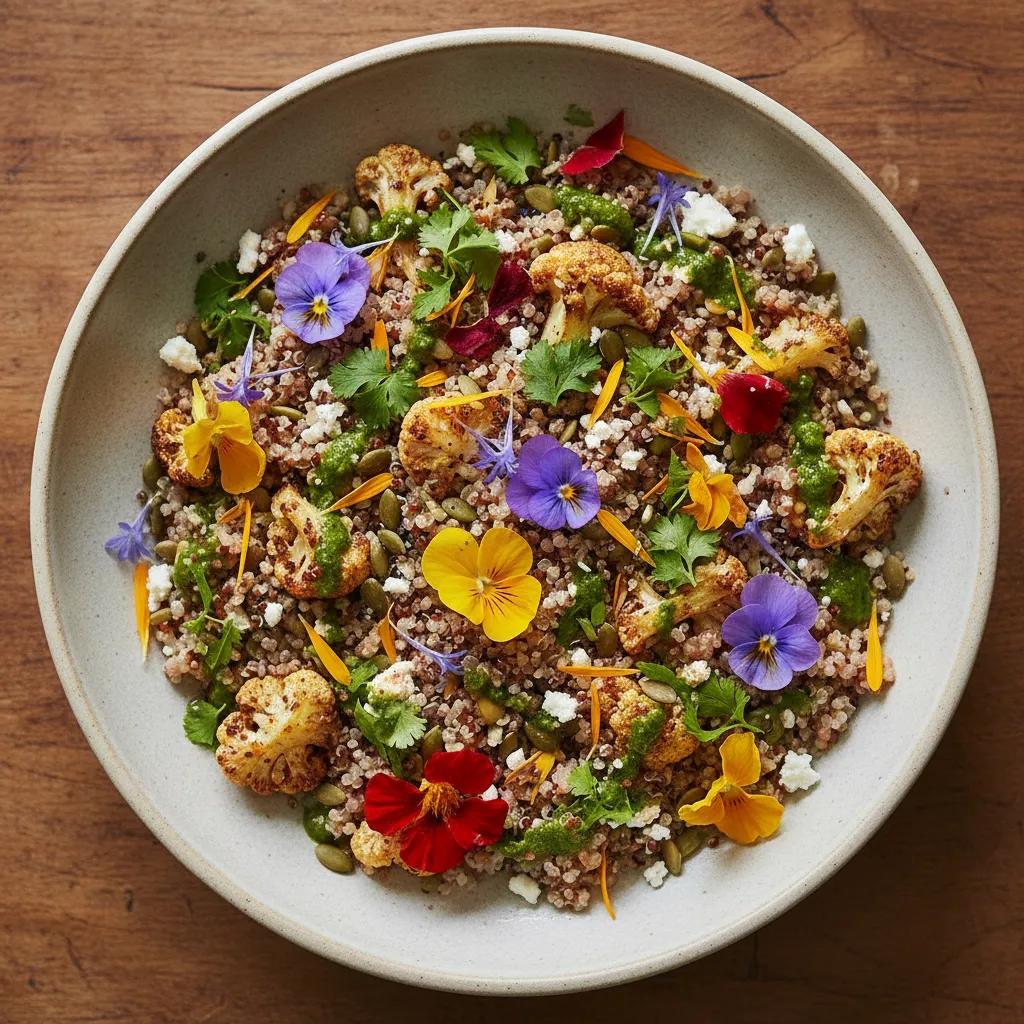 Savory Cauliflower and Edible Flower Quinoa Magic Bowl