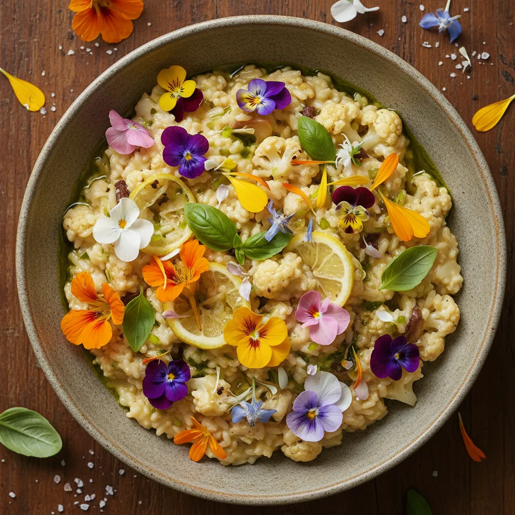 Savory Cauliflower and Edible Flower Risotto with Lemon Basil
