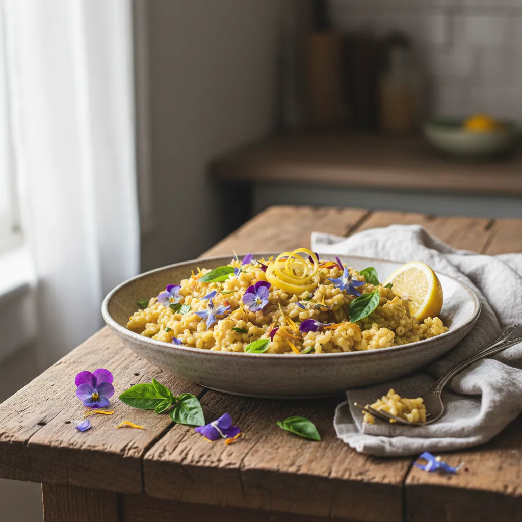 Savory Cauliflower and Edible Flower Risotto with Lemon Basil