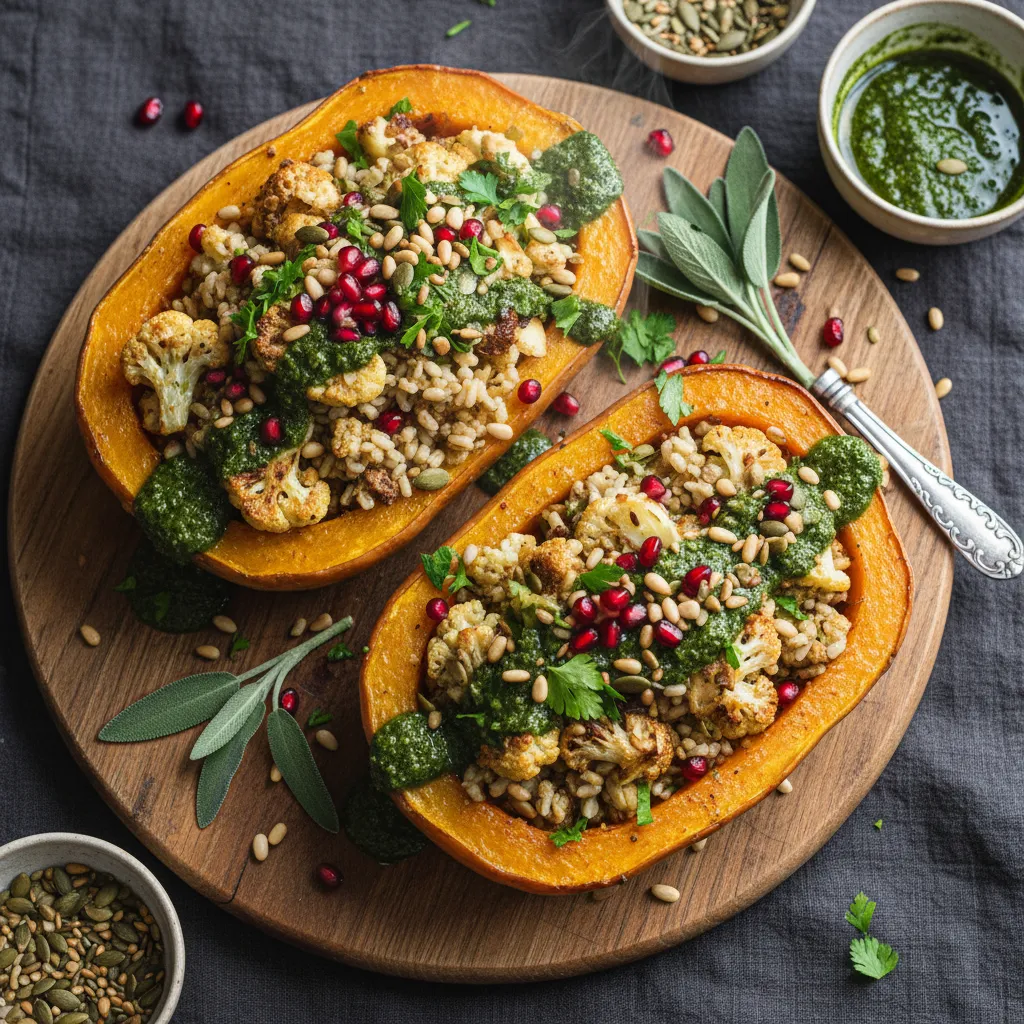 Savory Cauliflower and Miso-Stuffed Winter Squash with Sage Drizzle
