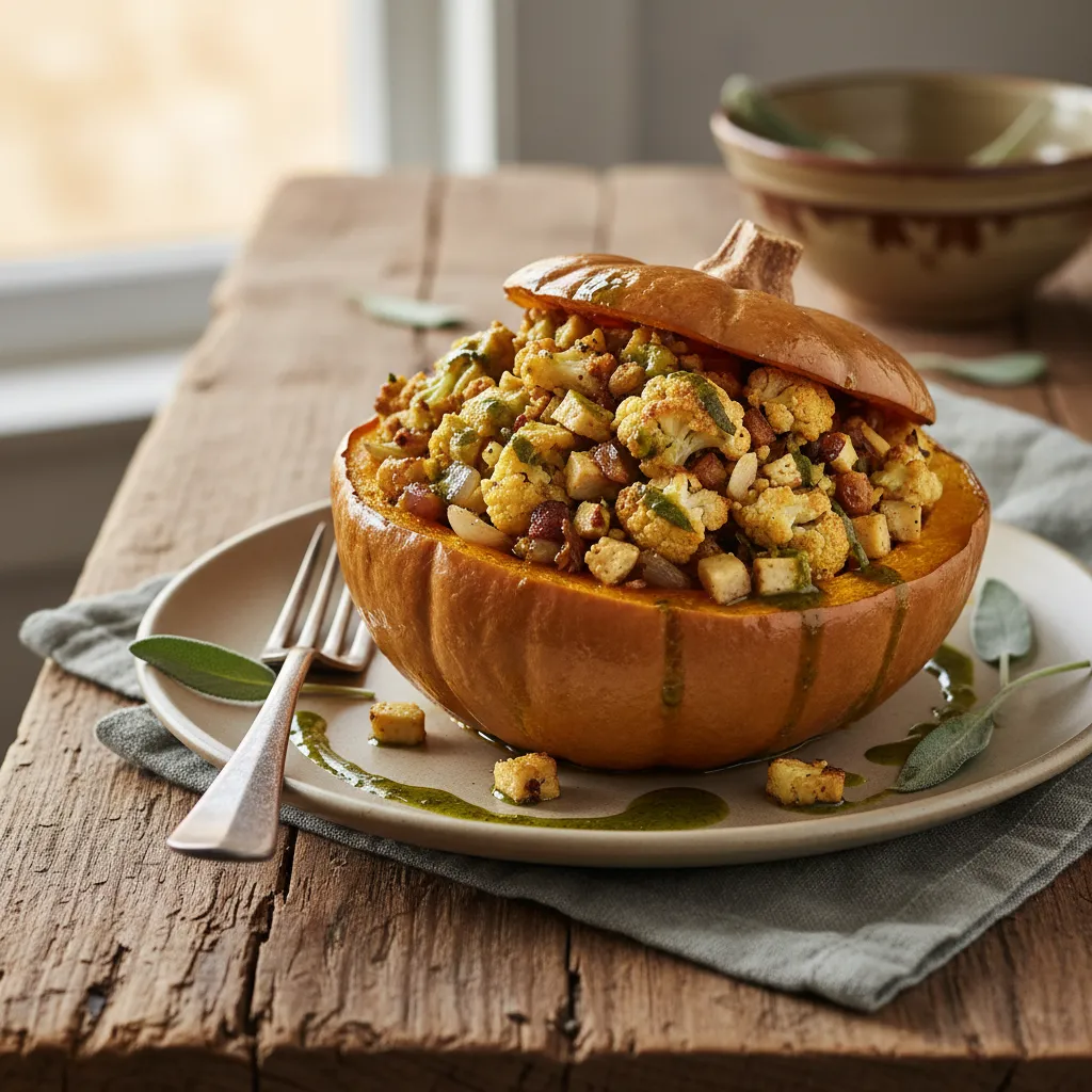 Savory Cauliflower and Miso-Stuffed Winter Squash with Sage Drizzle