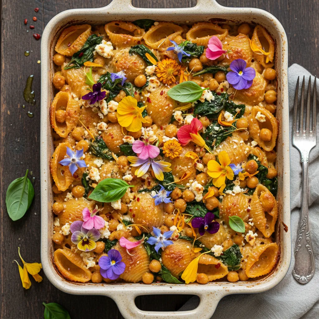 Savory Chickpea & Edible Flower Pasta Bake
