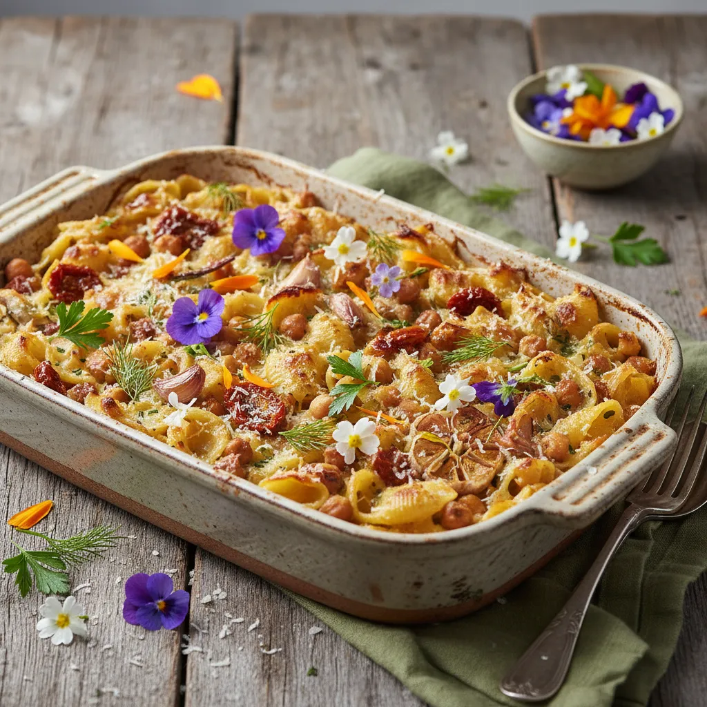 Savory Chickpea & Edible Flower Pasta Bake
