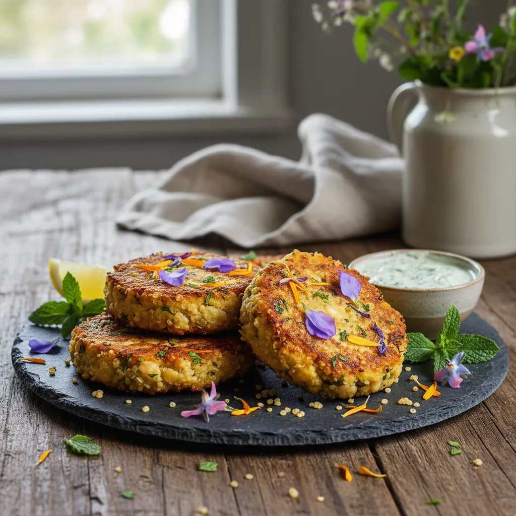 Savory Chickpea and Edible Flower Quinoa Patties