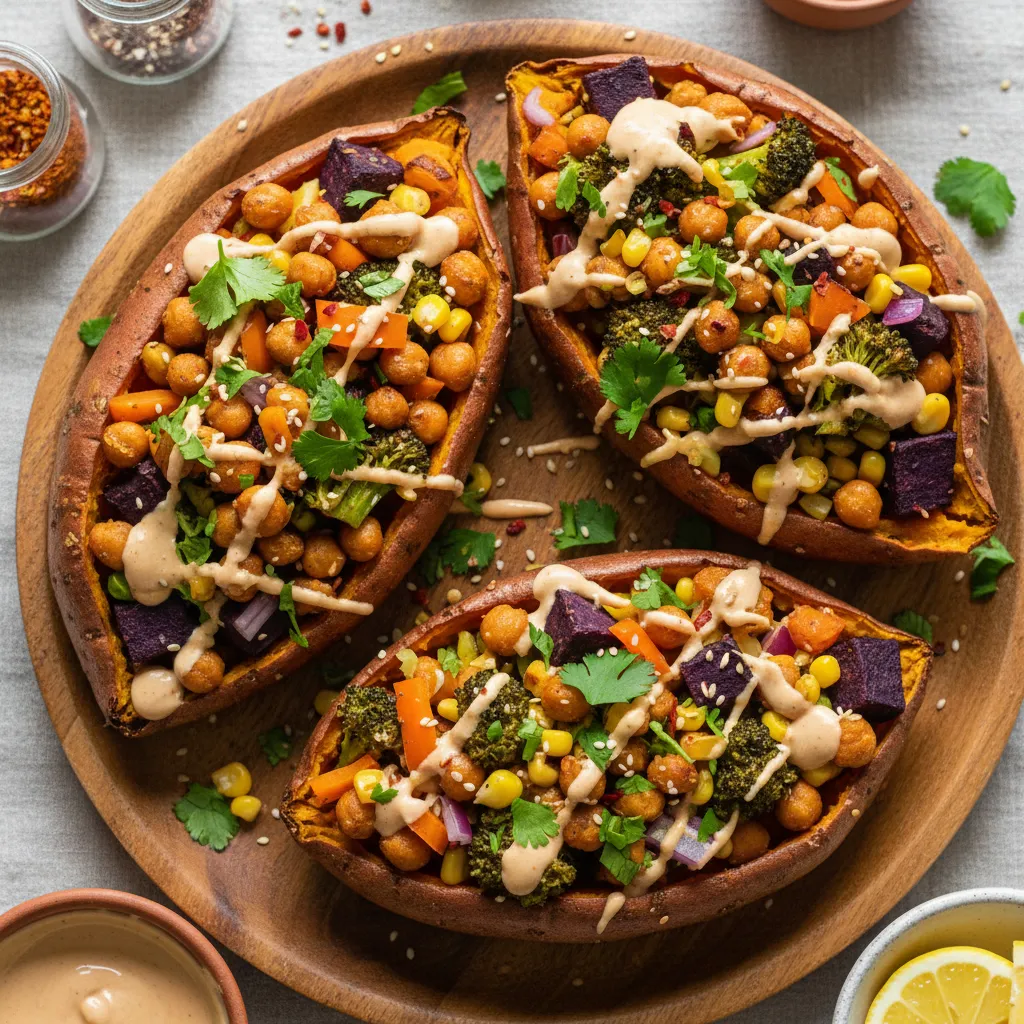 Savory Chickpea and Rainbow Vegetable Stuffed Sweet Potatoes