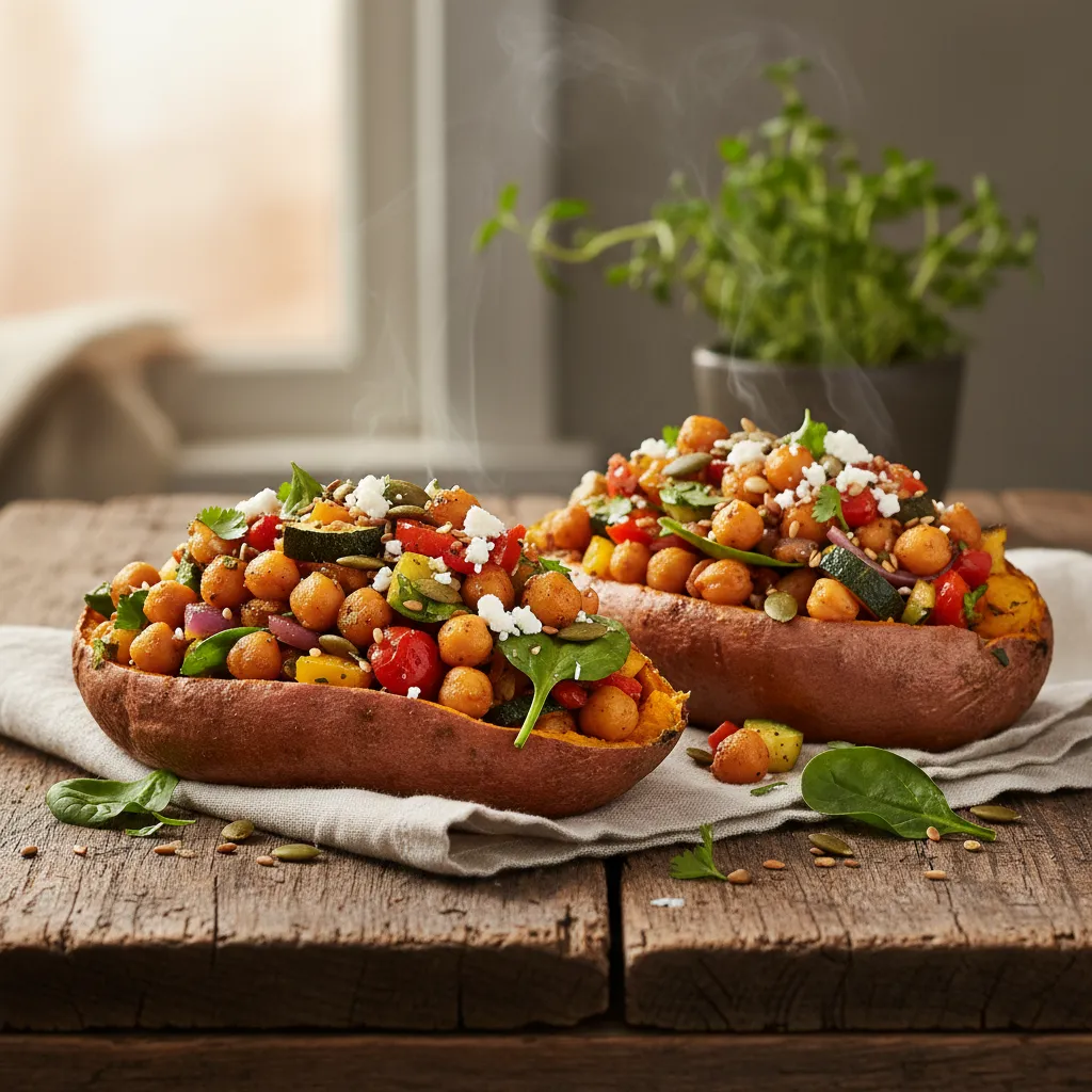 Savory Chickpea and Rainbow Vegetable Stuffed Sweet Potatoes