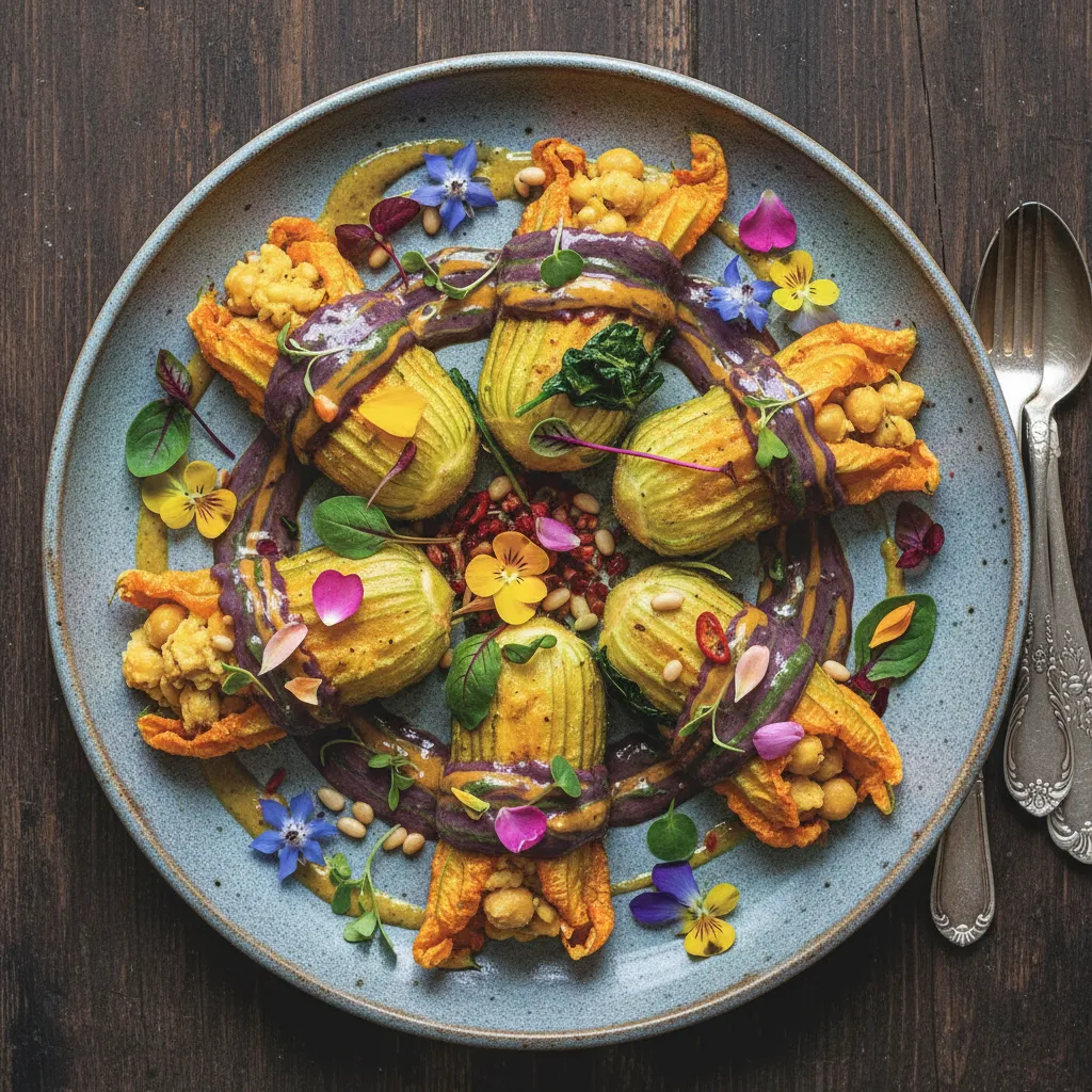 Savory Chickpea and Spinach Stuffed Squash Blossoms with Edible Flower Drizzle