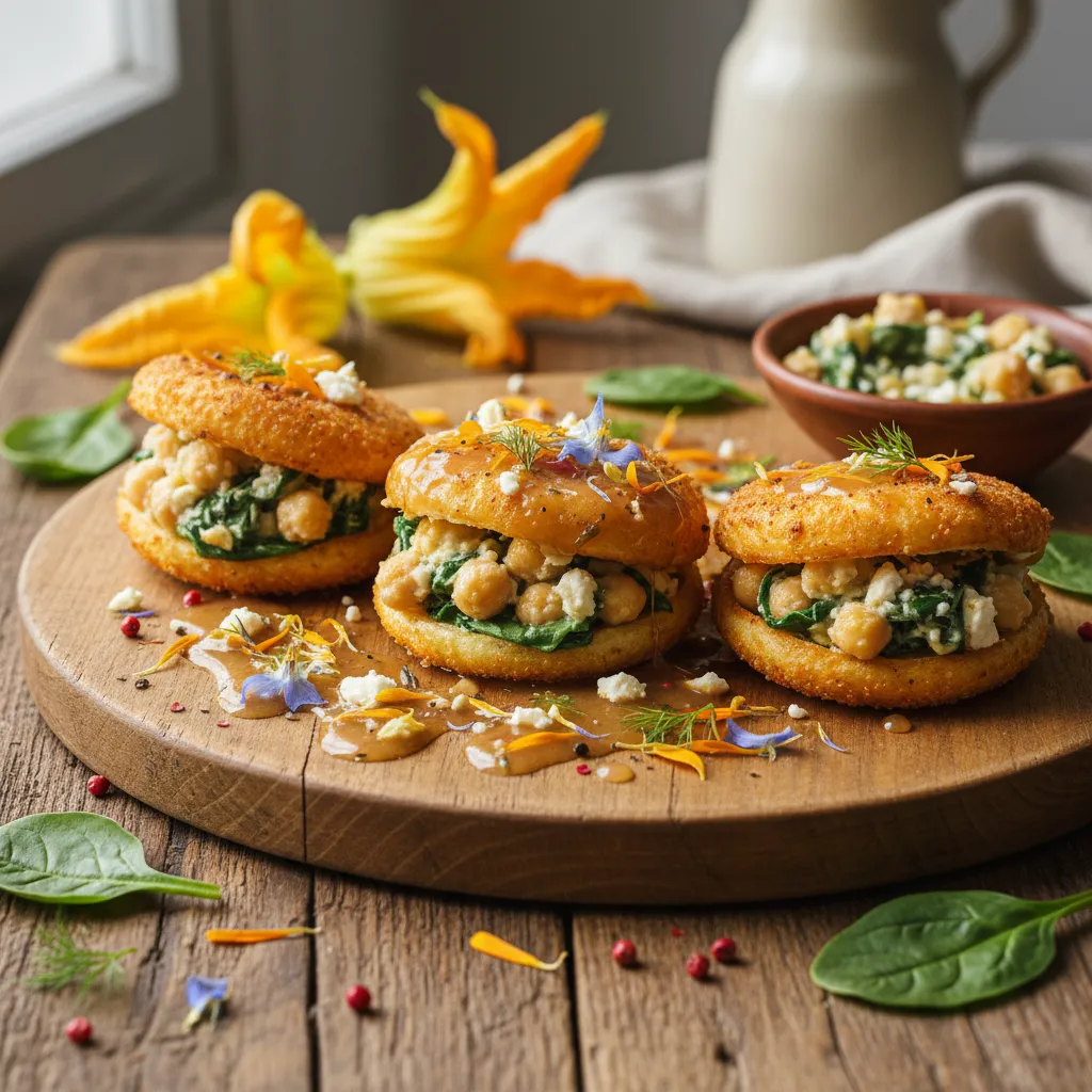 Savory Chickpea and Spinach Stuffed Squash Blossoms with Edible Flower Drizzle