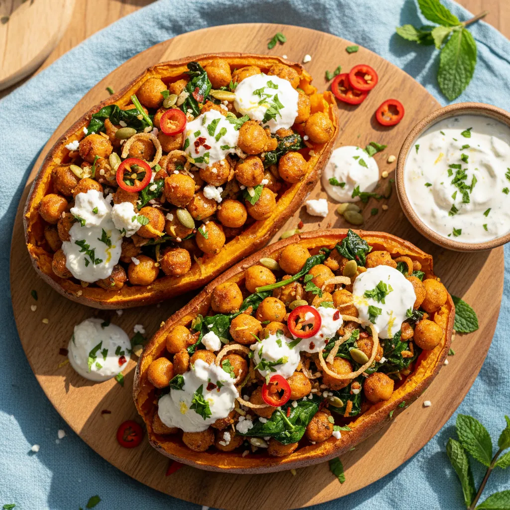 Savory Chickpea and Spinach Stuffed Sweet Potatoes with Feta Drizzle