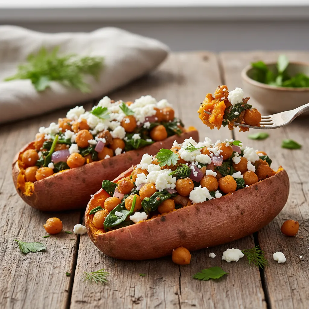 Savory Chickpea and Spinach Stuffed Sweet Potatoes with Feta Drizzle
