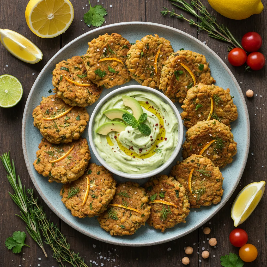 Savory Citrus Herb Chickpea Fritters with Avocado Yogurt Dip