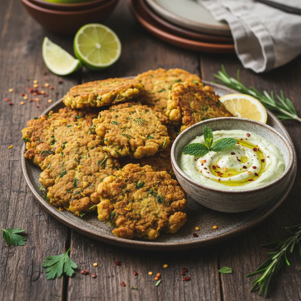 Savory Citrus Herb Chickpea Fritters with Avocado Yogurt Dip