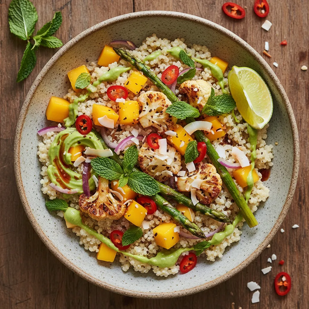 Savory Coconut Cauliflower Quinoa Bowl with Mango Mint Salsa