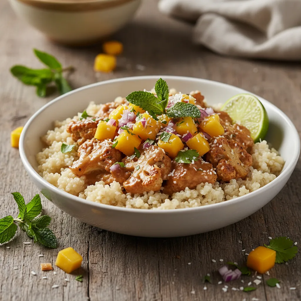 Savory Coconut Cauliflower Quinoa Bowl with Mango Mint Salsa