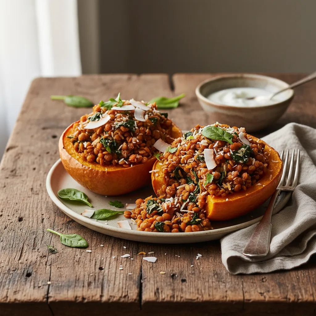 Savory Coconut Lentil and Spinach Stuffed Acorn Squash