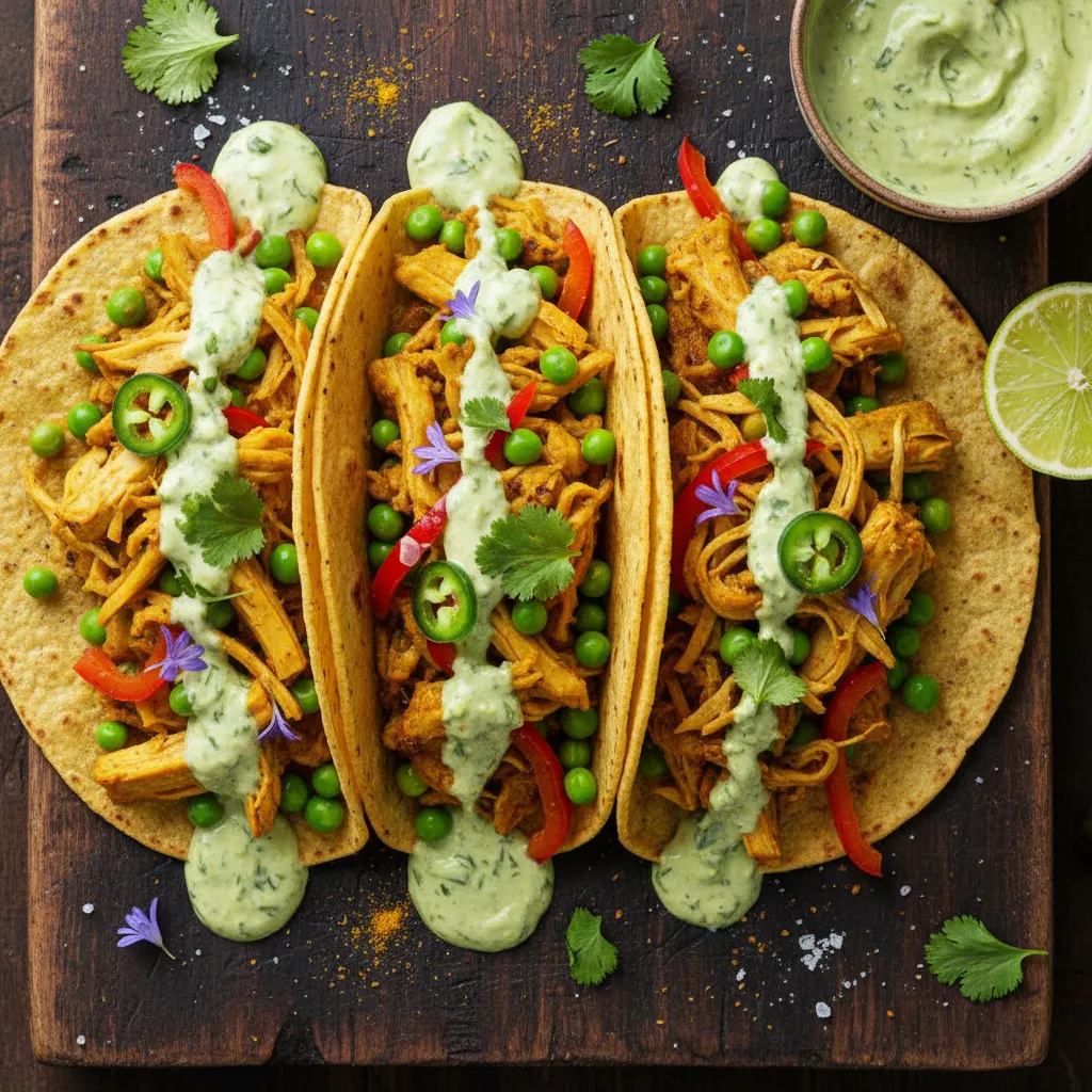Savory Curry Spiced Spring Pea and Jackfruit Tacos with Avocado Lime Drizzle