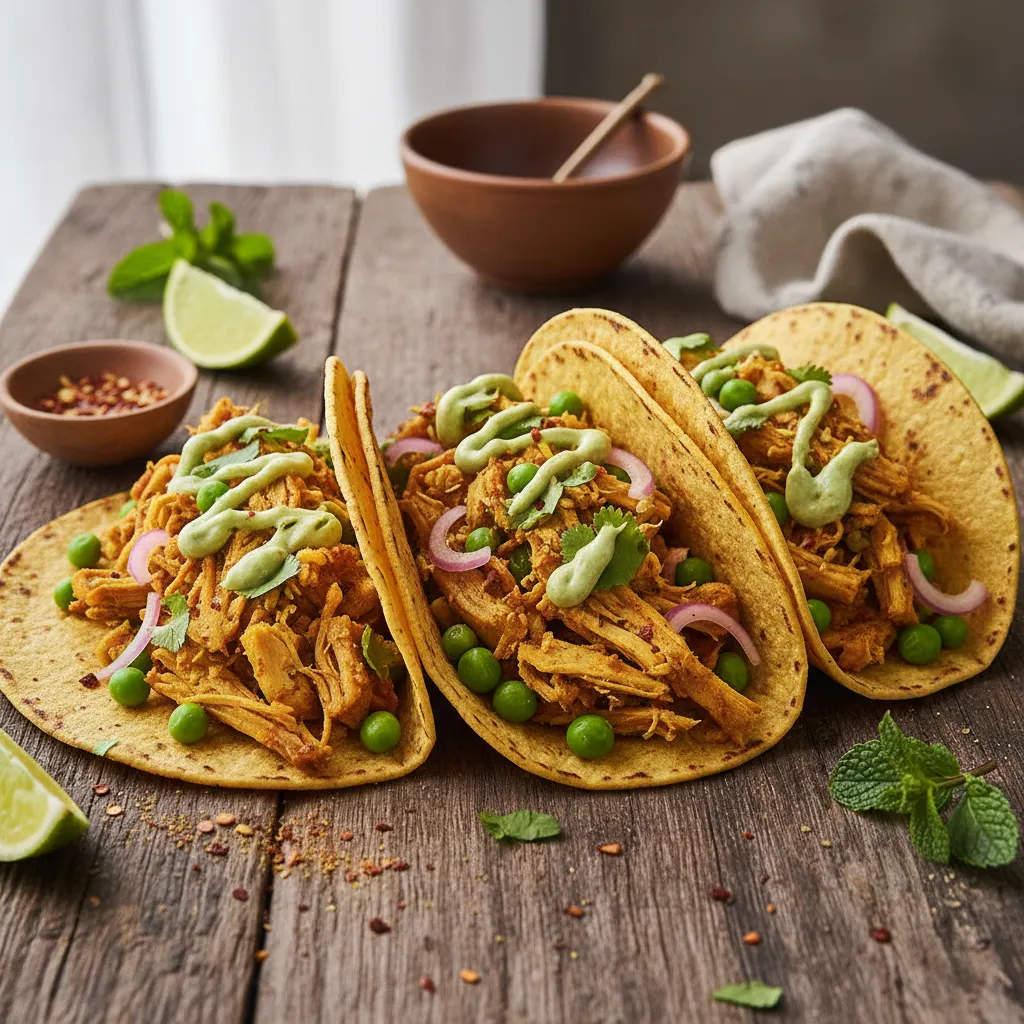 Savory Curry Spiced Spring Pea and Jackfruit Tacos with Avocado Lime Drizzle