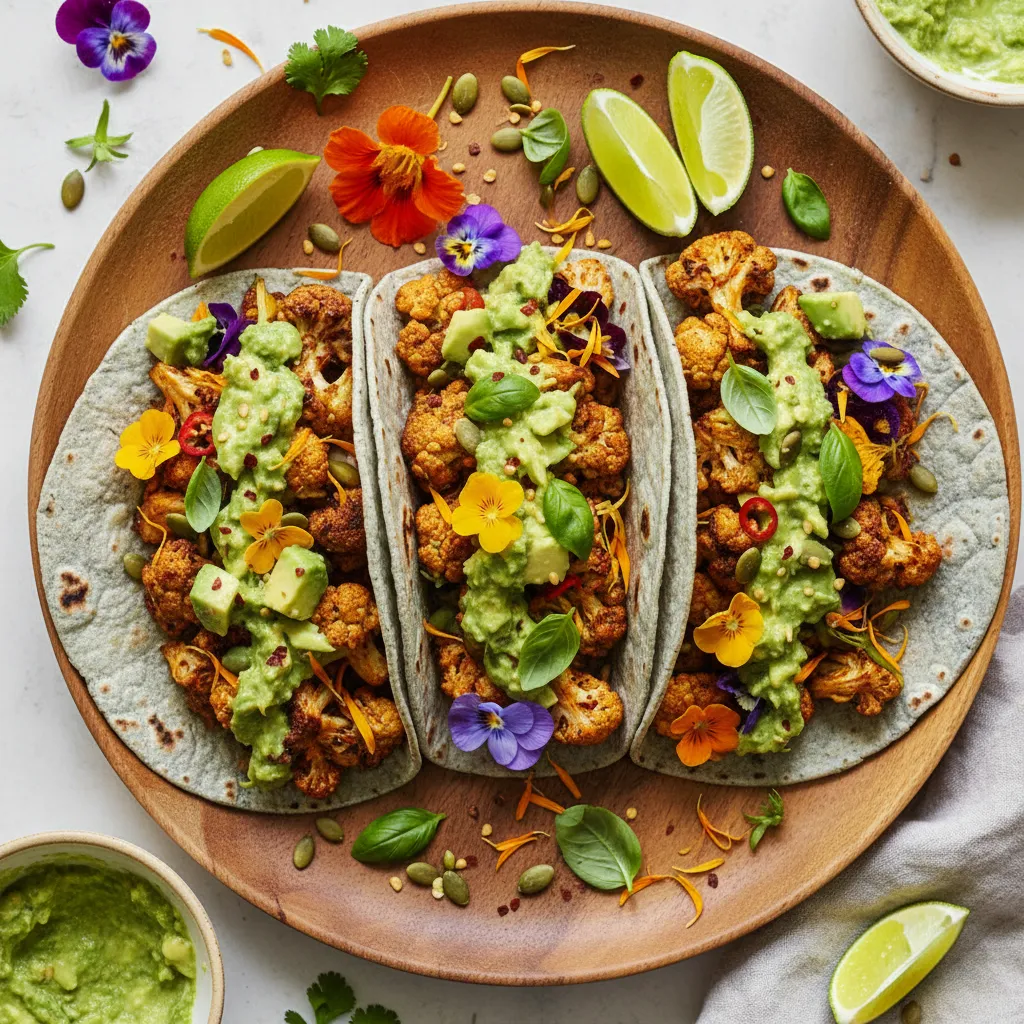 Savory Edible Flower Infused Cauliflower Tacos with Avocado Basil Salsa