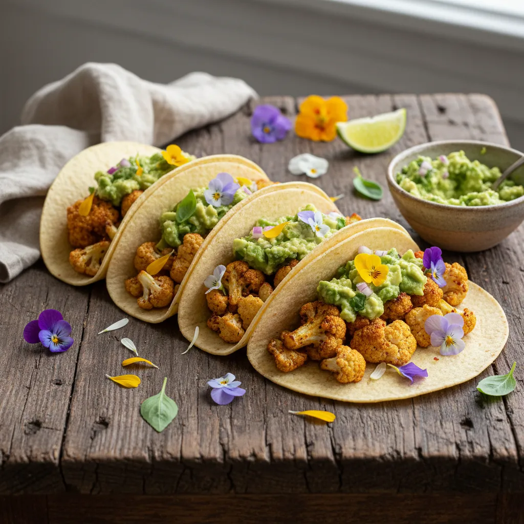 Savory Edible Flower Infused Cauliflower Tacos with Avocado Basil Salsa
