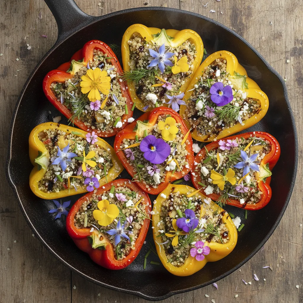 Savory Edible Flower Quinoa Stuffed Peppers