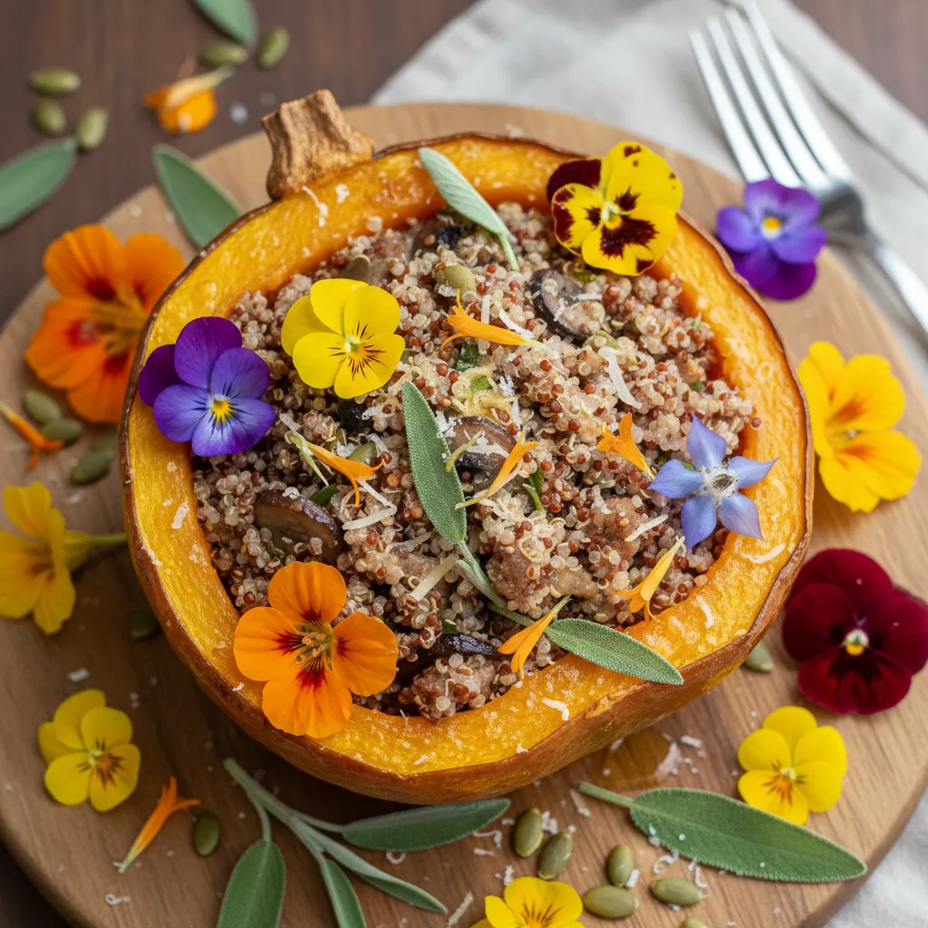 Savory Edible Flower Stuffed Acorn Squash with Quinoa and Sage