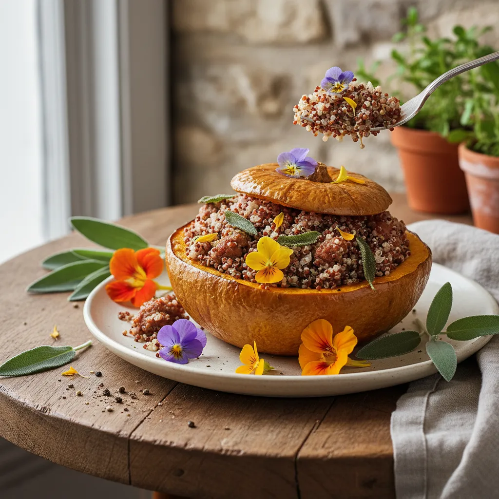 Savory Edible Flower Stuffed Acorn Squash with Quinoa and Sage