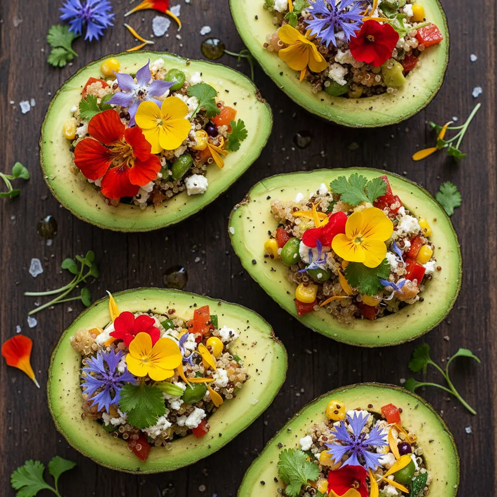Savory Edible Flower Stuffed Avocado Boats