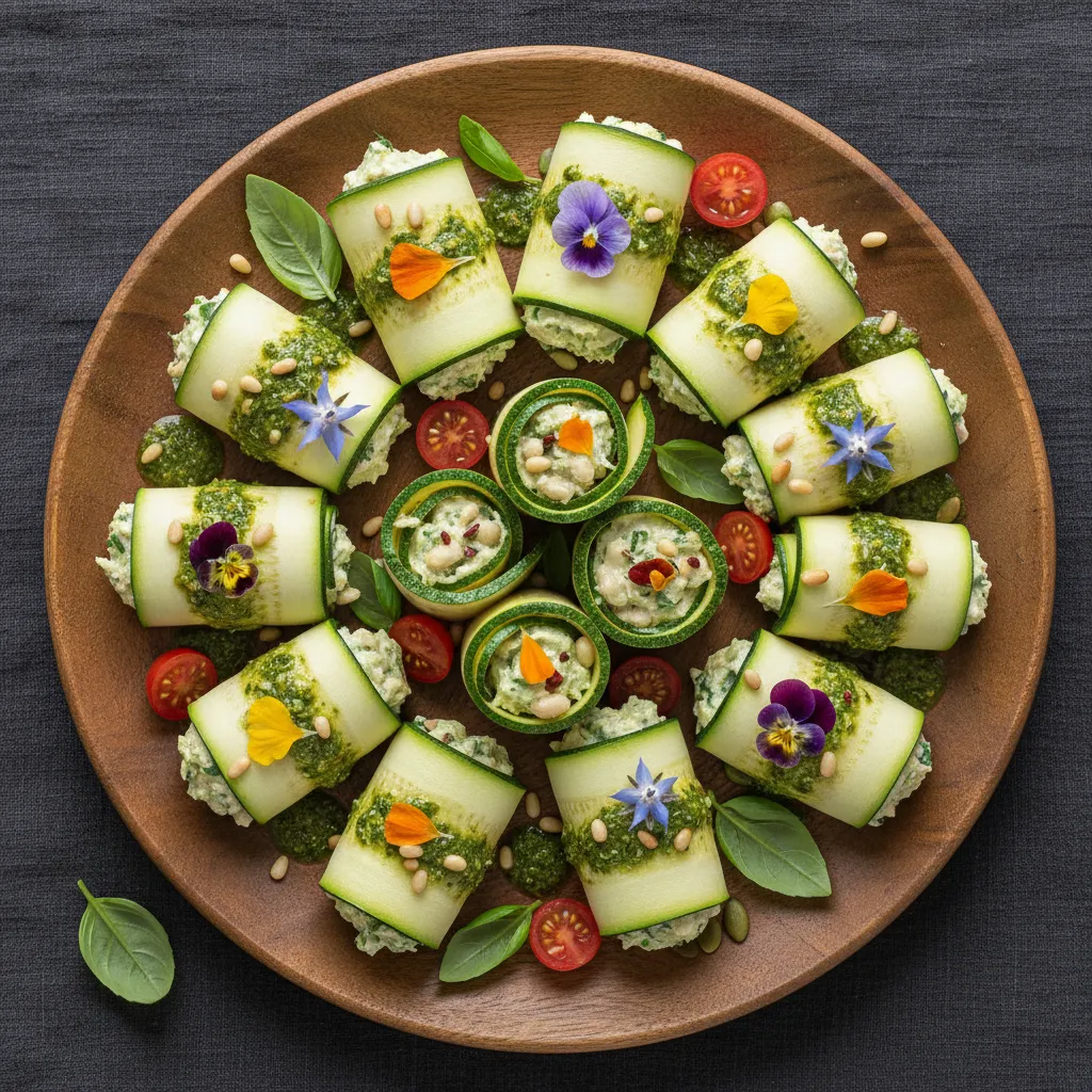Savory Edible Flower Stuffed Vegan Zucchini Rolls With Basil Pesto