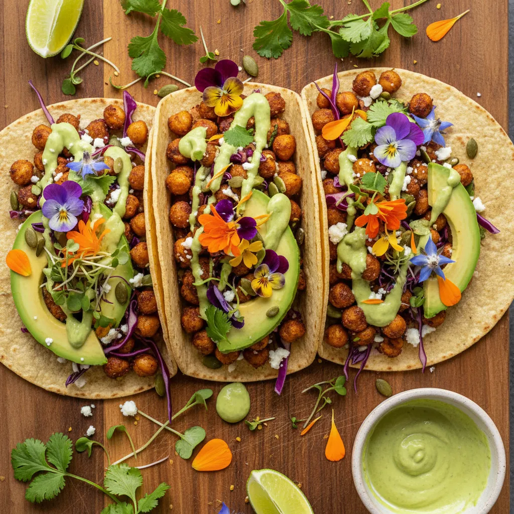 Savory Edible Flower & Chickpea Tacos with Avocado Lime Drizzle