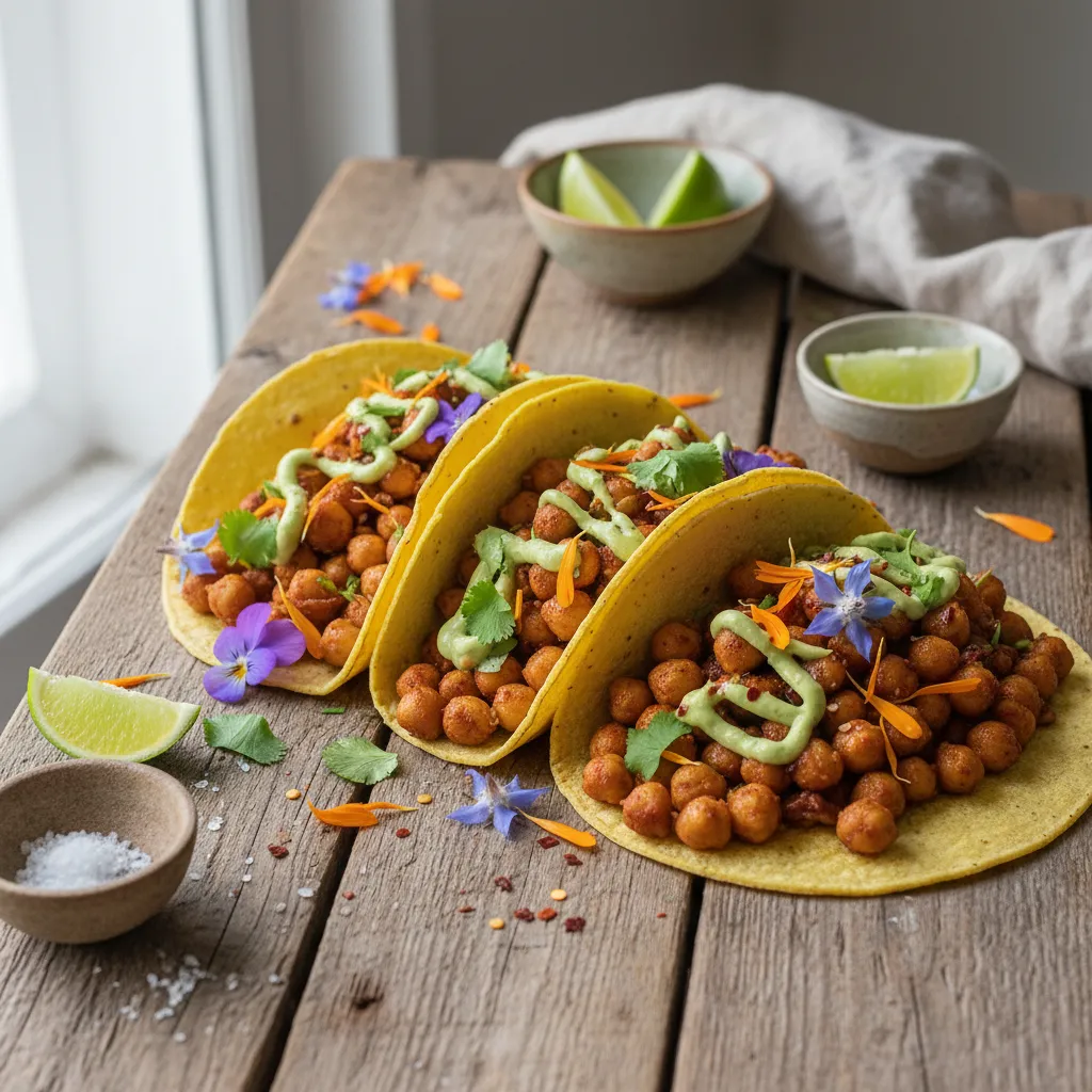 Savory Edible Flower & Chickpea Tacos with Avocado Lime Drizzle