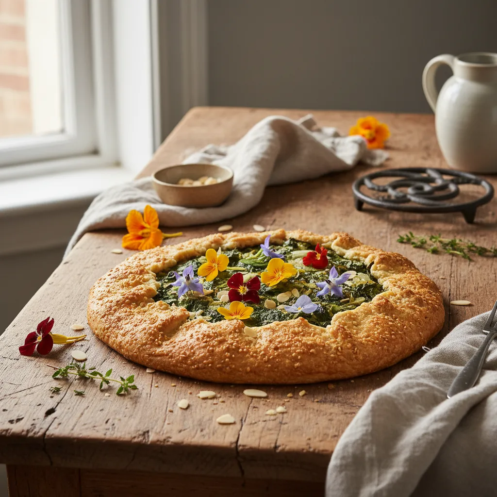 Savory Edible Flower & Spinach Galette with Almond Crust