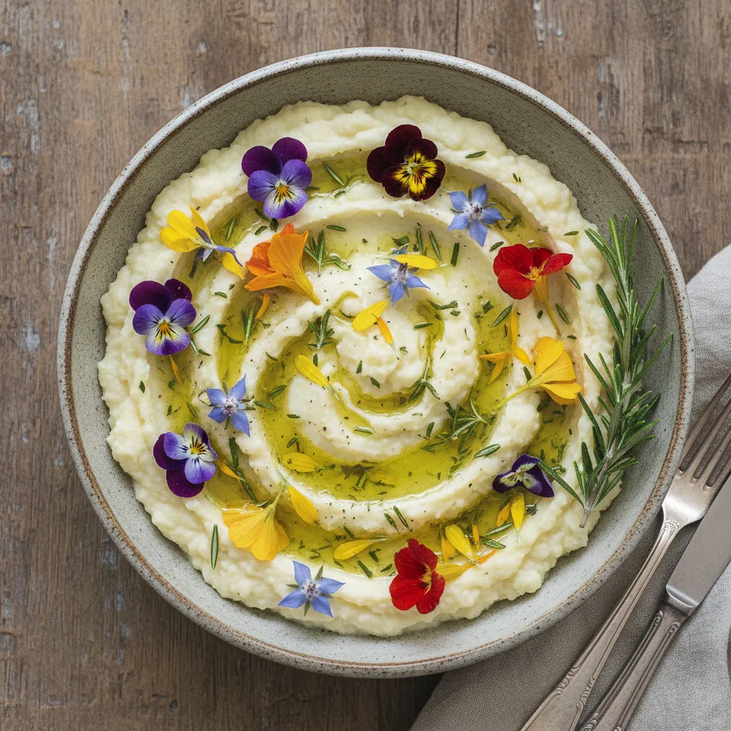 Savory Edible Flower and Cauliflower Mash with Rosemary Infusion