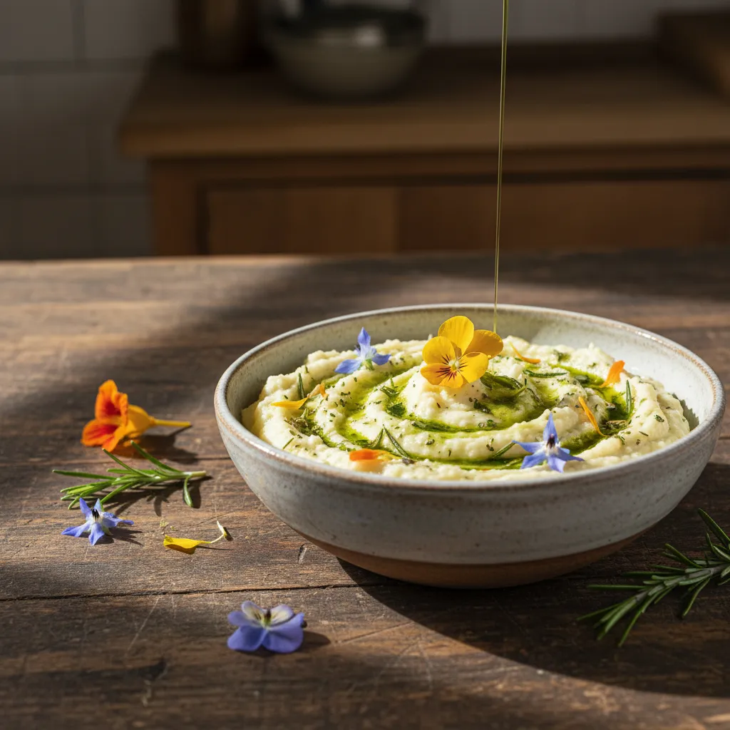 Savory Edible Flower and Cauliflower Mash with Rosemary Infusion
