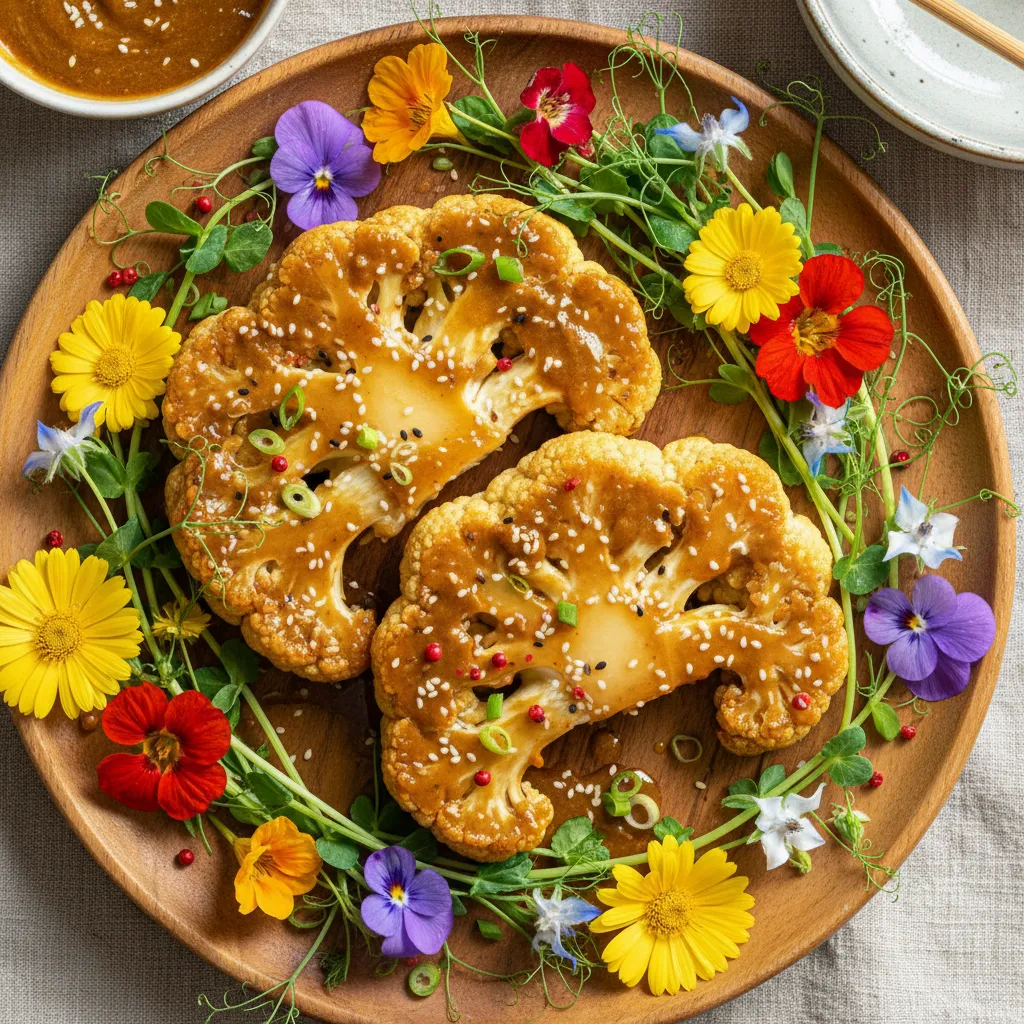 Savory Edible Flower and Cauliflower Steaks with Miso Glaze