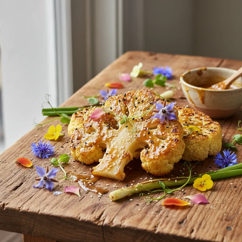 Savory Edible Flower and Cauliflower Steaks with Miso Glaze