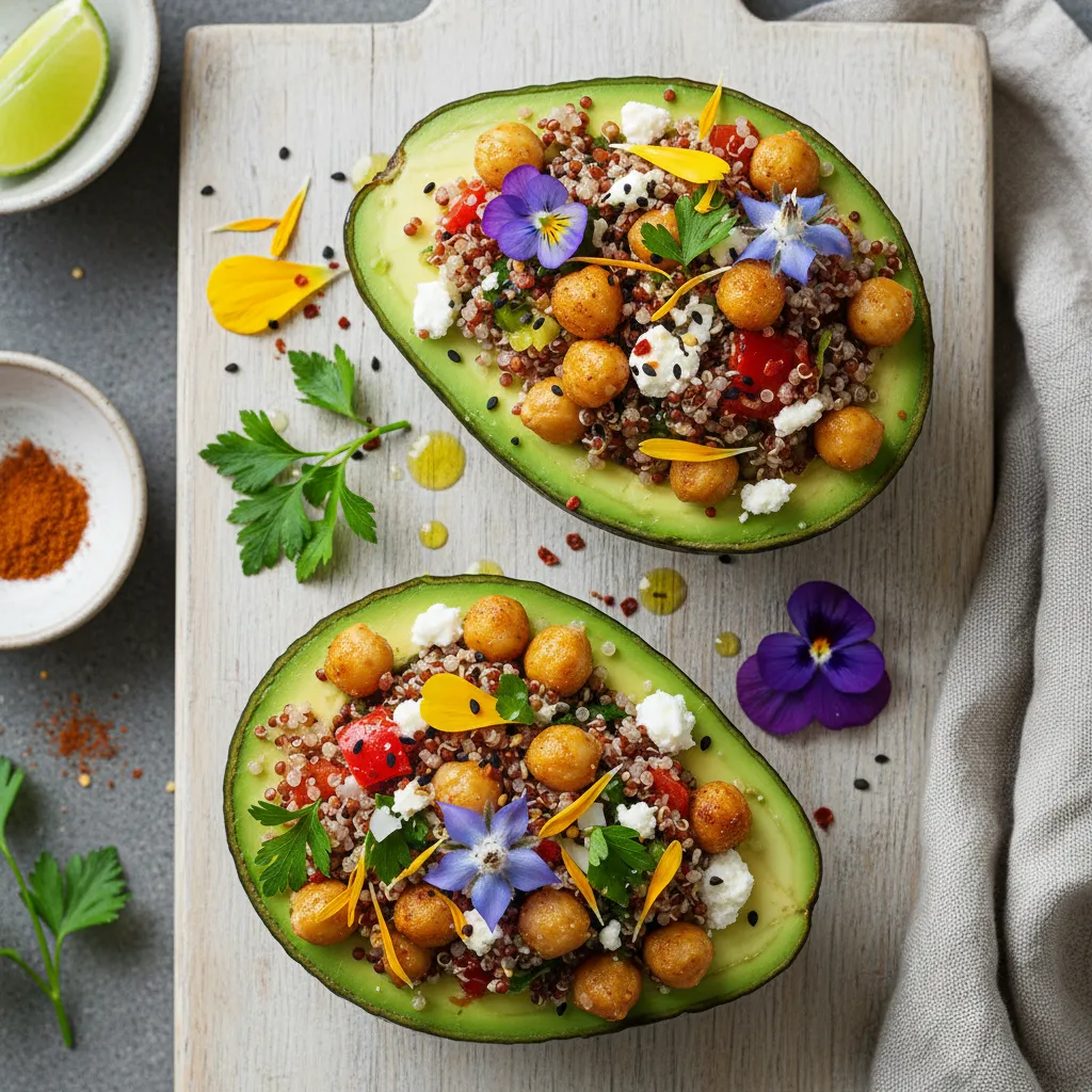 Savory Edible Flower and Chickpea Quinoa Stuffed Avocados