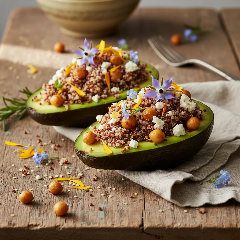 Savory Edible Flower and Chickpea Quinoa Stuffed Avocados