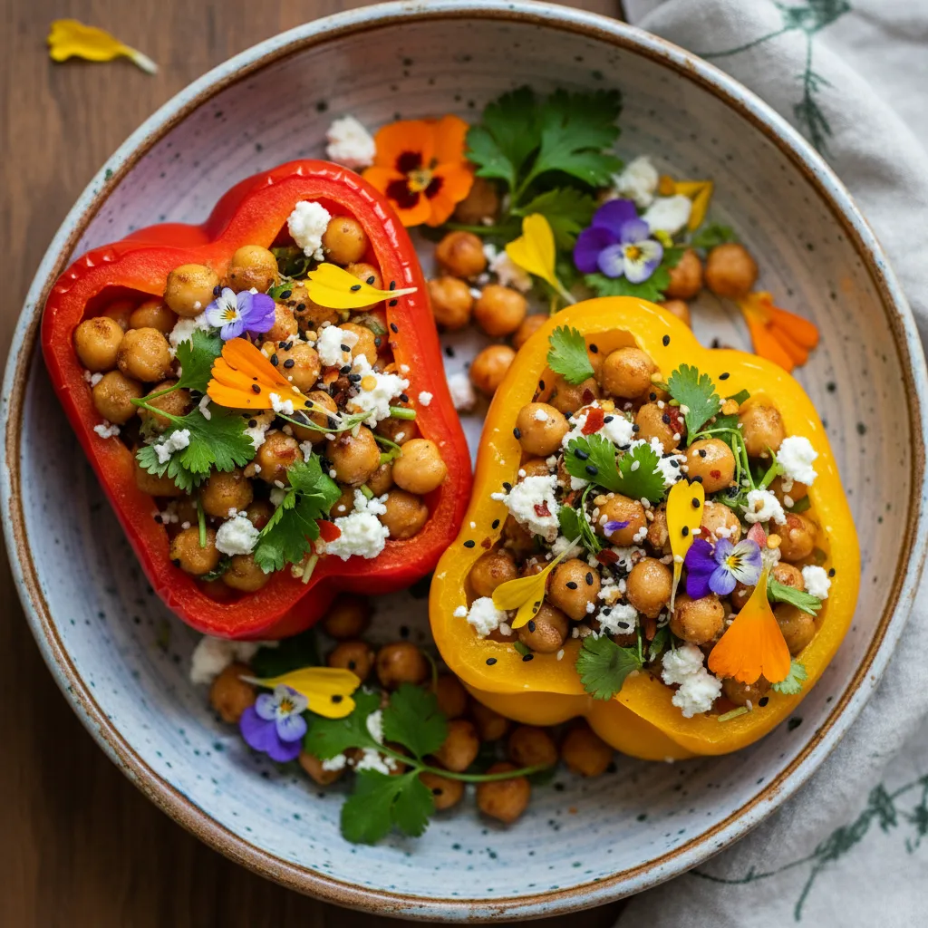 Savory Edible Flower and Chickpea Stuffed Bell Peppers