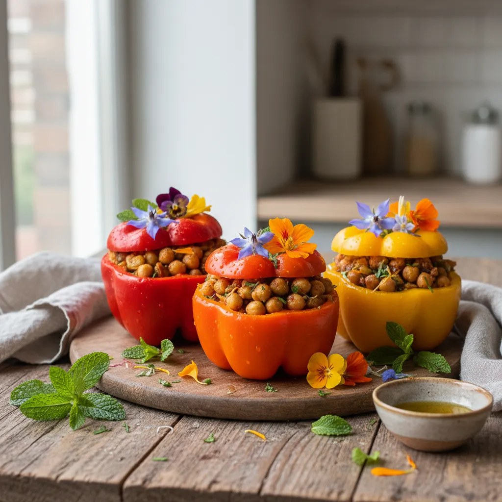 Savory Edible Flower and Chickpea Stuffed Bell Peppers