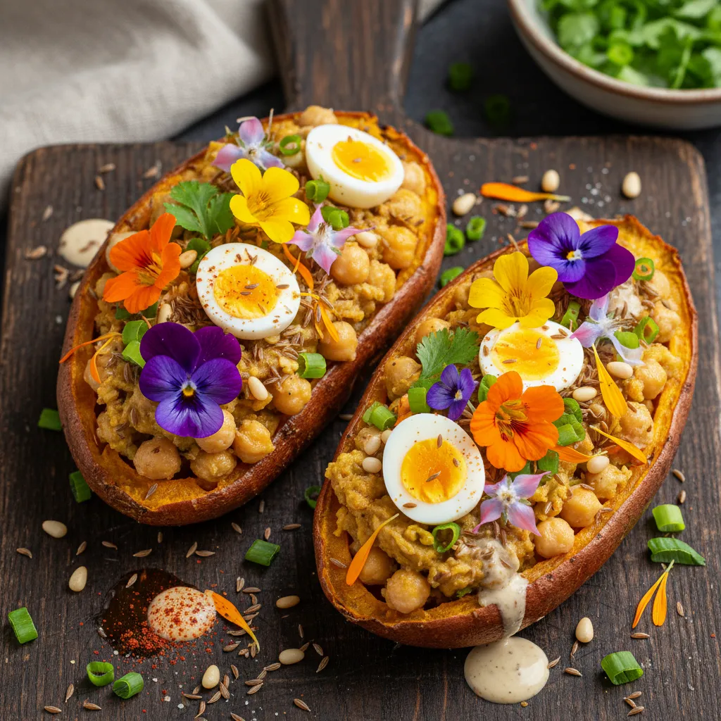 Savory Edible Flower and Chickpea Stuffed Sweet Potatoes