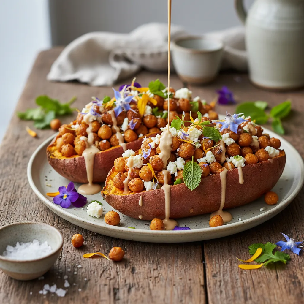 Savory Edible Flower and Chickpea Stuffed Sweet Potatoes