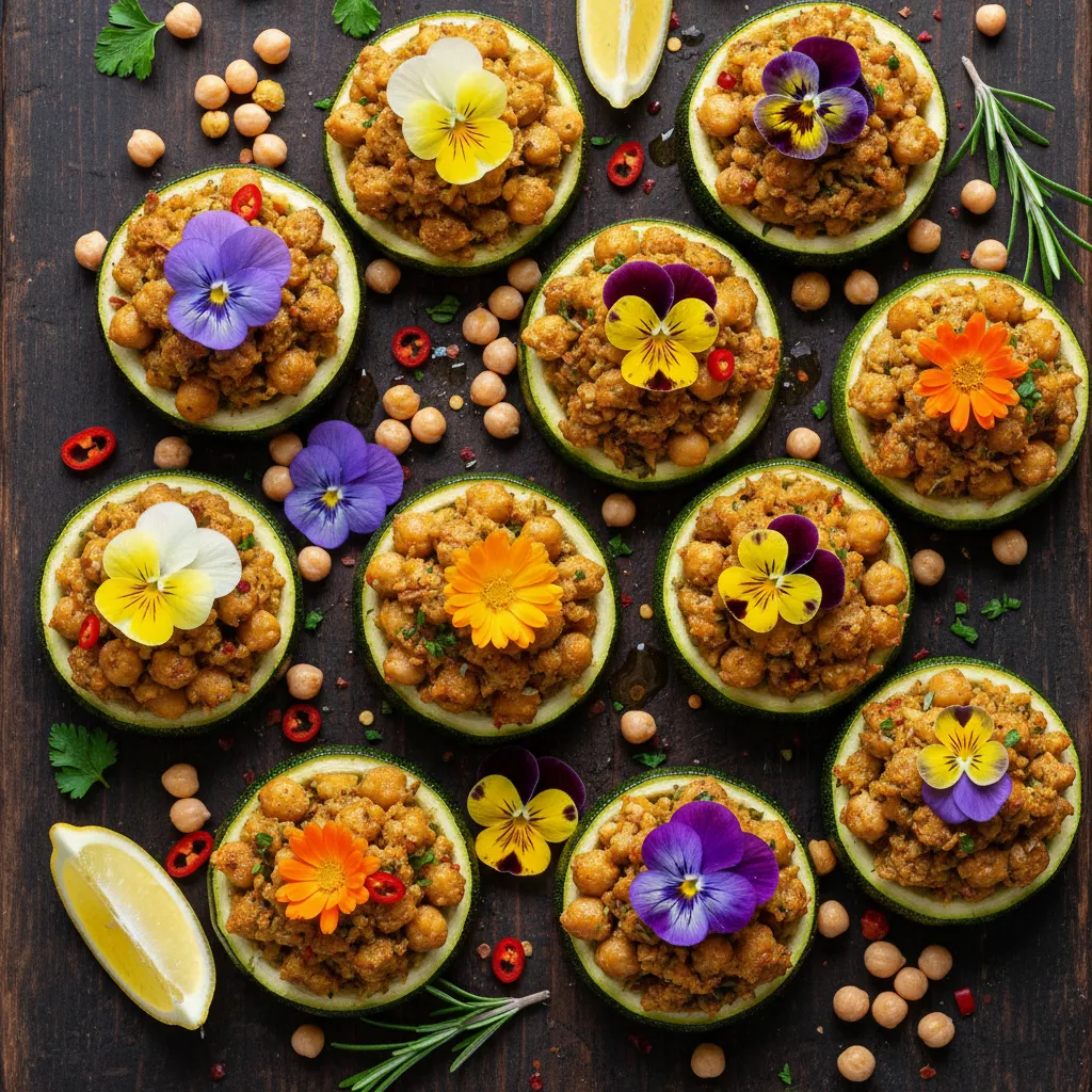 Savory Edible Flower and Chickpea Stuffed Zucchini Cups