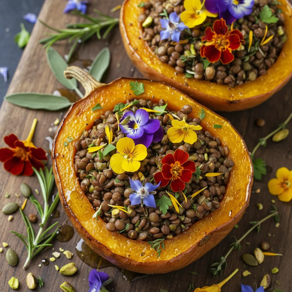 Savory Edible Flower and Lentil Stuffed Acorn Squash