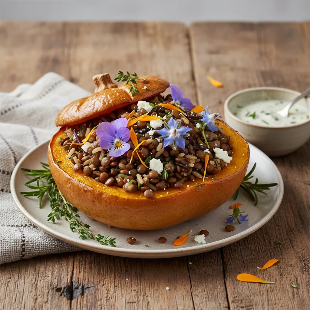 Savory Edible Flower and Lentil Stuffed Acorn Squash