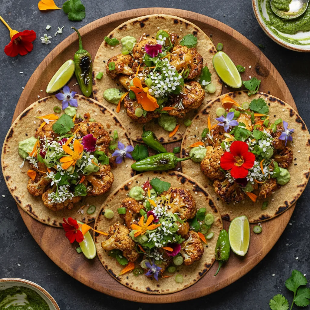 Savory Edible Flower and Miso Glazed Cauliflower Tacos