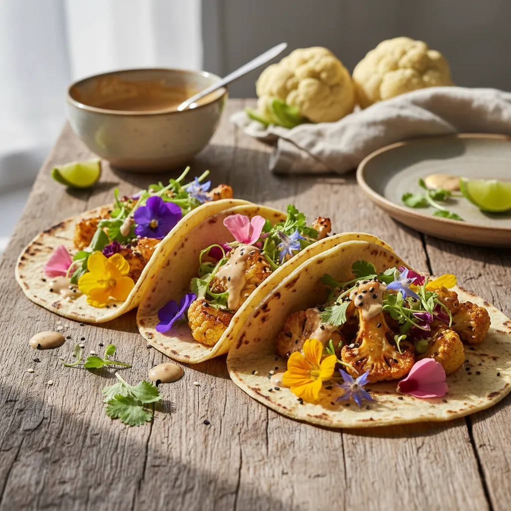 Savory Edible Flower and Miso Glazed Cauliflower Tacos