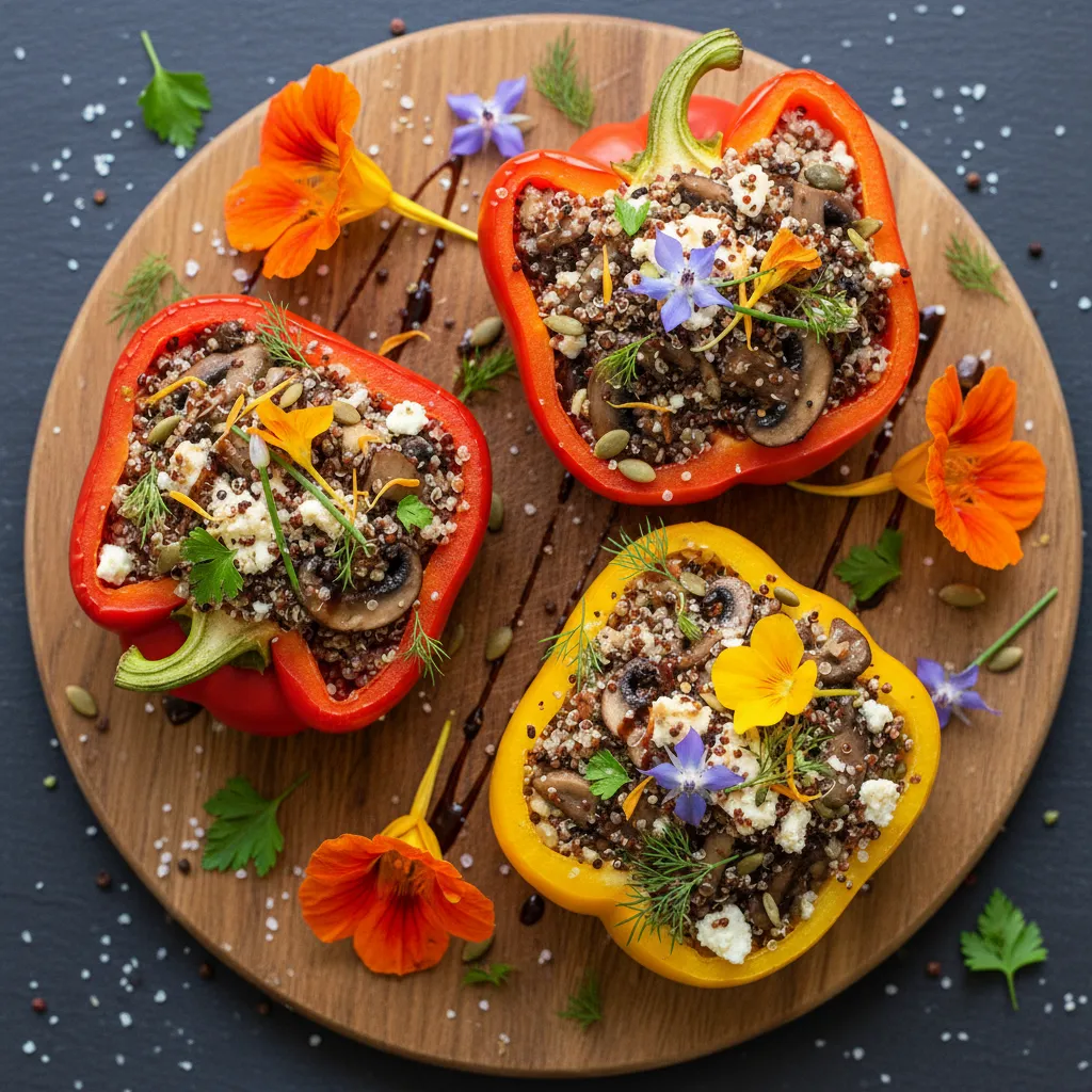 Savory Edible Flower and Mushroom Quinoa Stuffed Peppers